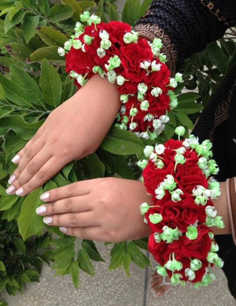 Artificial flower hand Gajra Made With Red velvet fabric with pillons (2pcs)