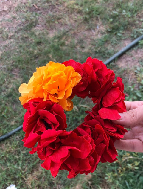 Artificial flower Hand Gajra Made With red velvet and orange Polyester flowers (2pcs) HG- #45