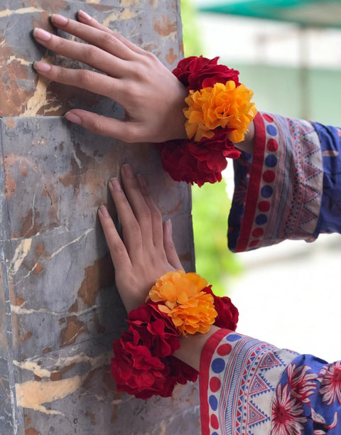 Artificial flower Hand Gajra Made With red velvet and orange Polyester flowers (2pcs) HG- #45