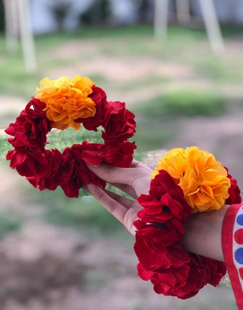 Artificial flower Hand Gajra Made With red velvet and orange Polyester flowers (2pcs) HG- #45