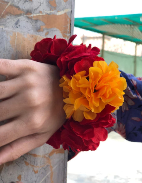Artificial flower Hand Gajra Made With red velvet and orange Polyester flowers (2pcs) HG- #45