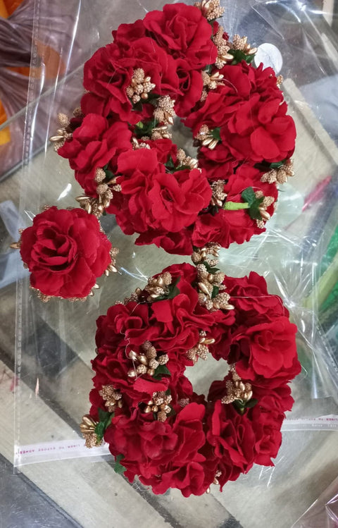 Artificial flowers Hand Gajra in velvet fabric and copper pillons (2pcs) #- BJS03