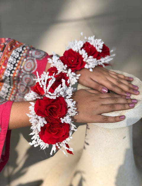 Artificial flowers Hand Gajra Red Flower With White Fillers (2pcs) #-BJS16