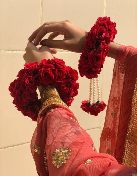 Artificial Flower Hand Gajra In Velvet Fabric With Elegant white pearl's(2pcs) #-HG43