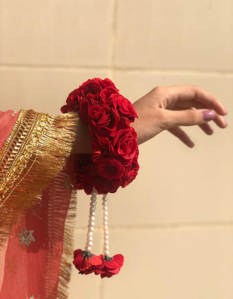 Artificial Flower Hand Gajra In Velvet Fabric With Elegant white pearl's(2pcs) #-HG43