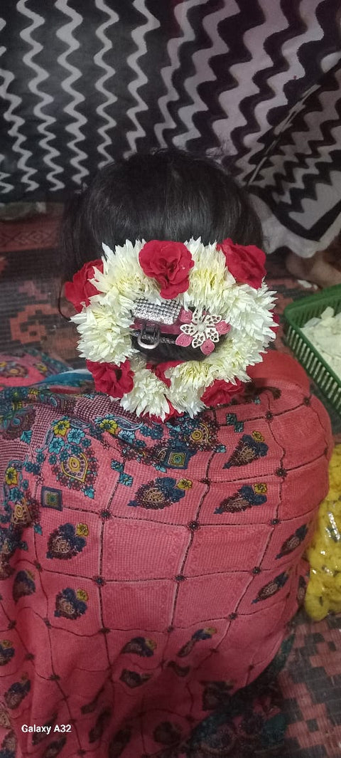 Artificial Flowers Hair Gajra off white with red flowers(1pcs) HRG-# 14