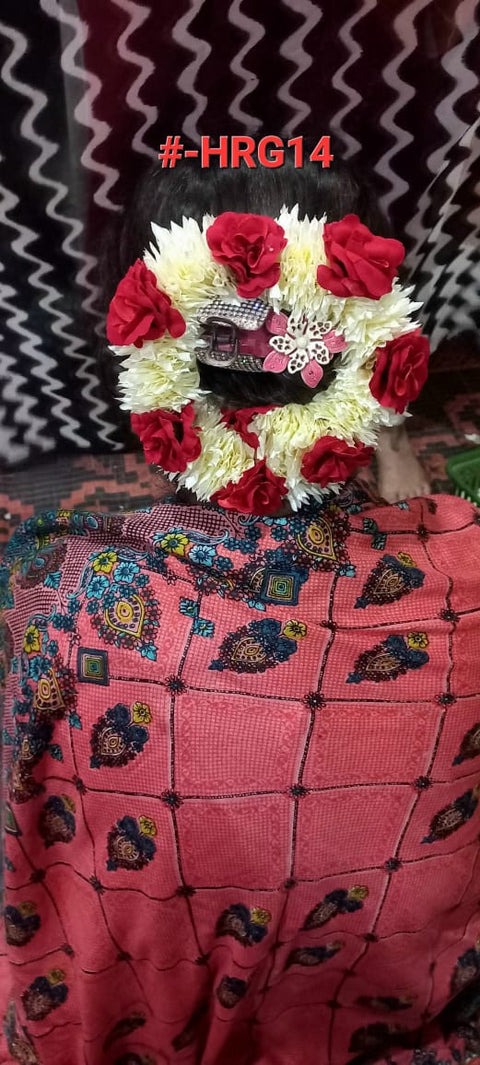 Artificial Flowers Hair Gajra off white with red flowers(1pcs) HRG-# 14