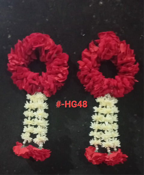 Red Polyester Fabric Artificial Gajra Set (2 pcs) with 3 latkon #- HG48