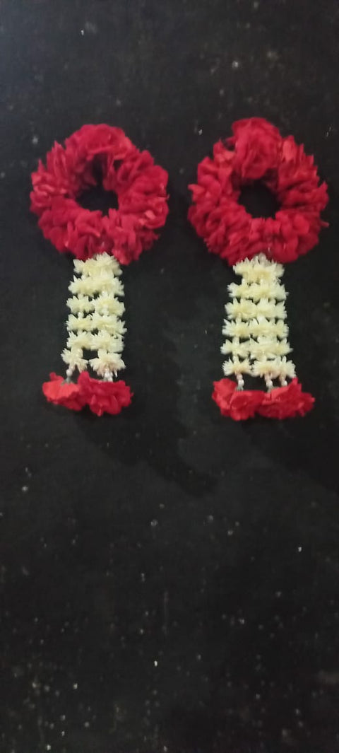 Red Polyester Fabric Artificial Gajra Set (2 pcs) with 3 latkon #- HG48