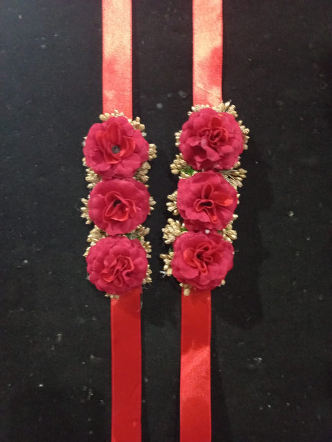 Artificial flower hand Gajra Made With Red fabric Flower with pillons (2pcs) #- BJS26