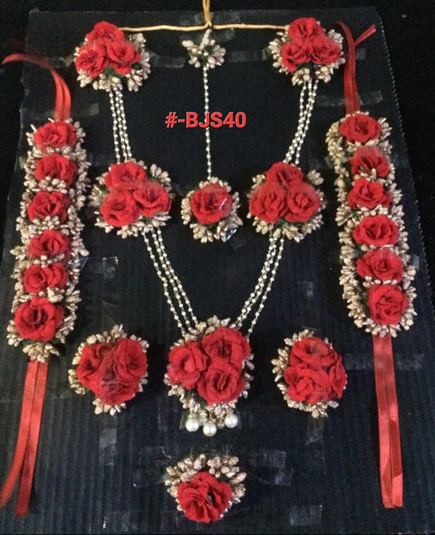 bjs406 pcs Artificial flowers Bridal Jewellery set in Red colour with important pillons #- BJS40