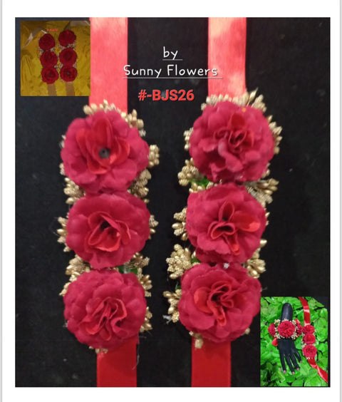 Artificial flower hand Gajra Made With Red fabric Flower with pillons (2pcs) #- BJS26