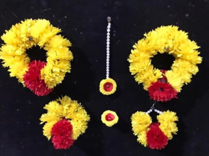 Artificial Flower bridal set Hand gajra with earrings & tikka with 1 ring