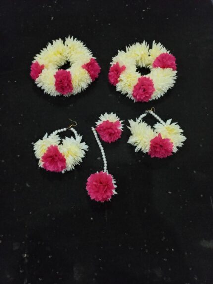 Artificial Flower bridal set Hand gajra with earrings & tikka with 1 ring